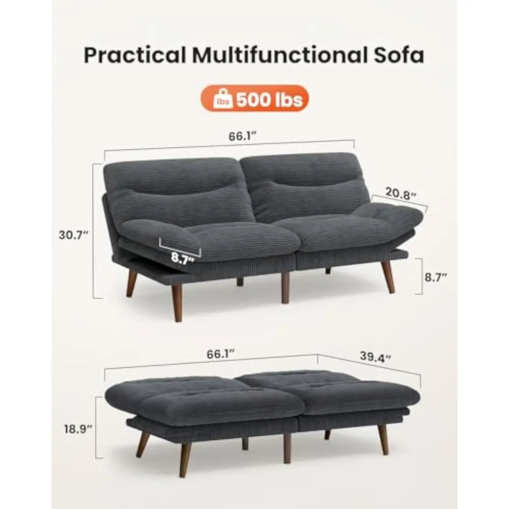 Ljustra 66 Inch Adjustable Backrest Armrests Futon Sofa Bed Sleeper