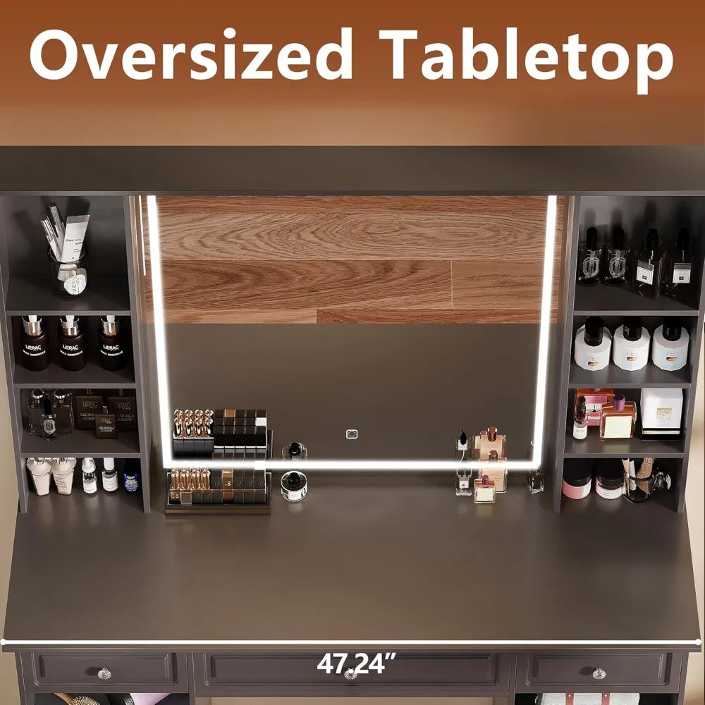 Black Vanity Desk with Lighted Mirror and 9 Storage Drawers for Makeup