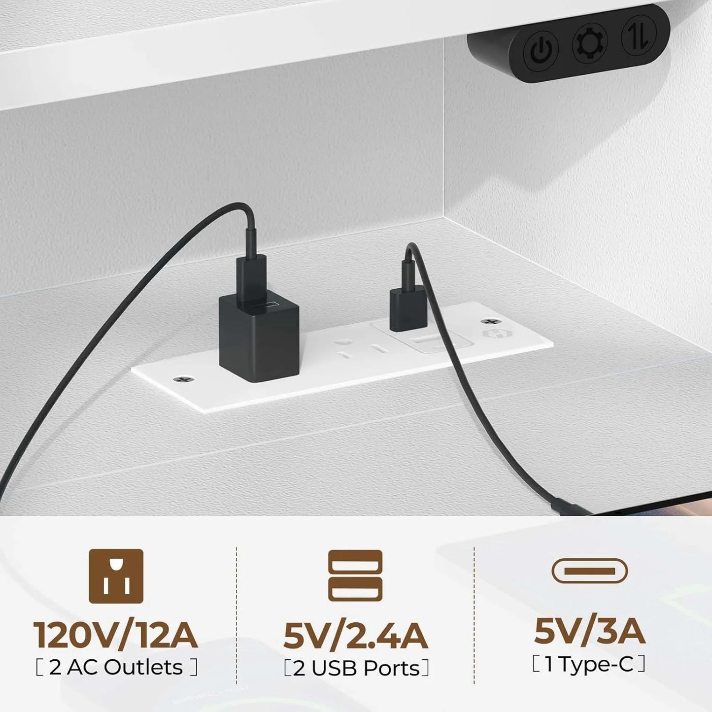 Computer Desk with LED Lights Power Outlets Gaming Writing Home Office