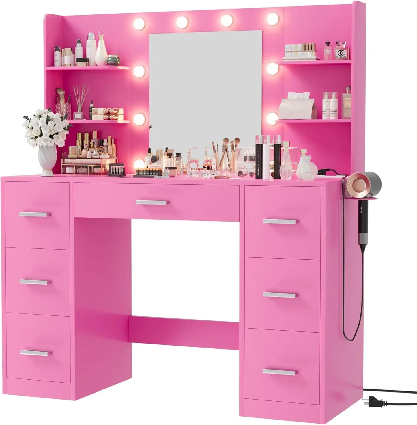 Vanity Desk with Mirror LED Lights Power Outlet 7 Drawers Storage