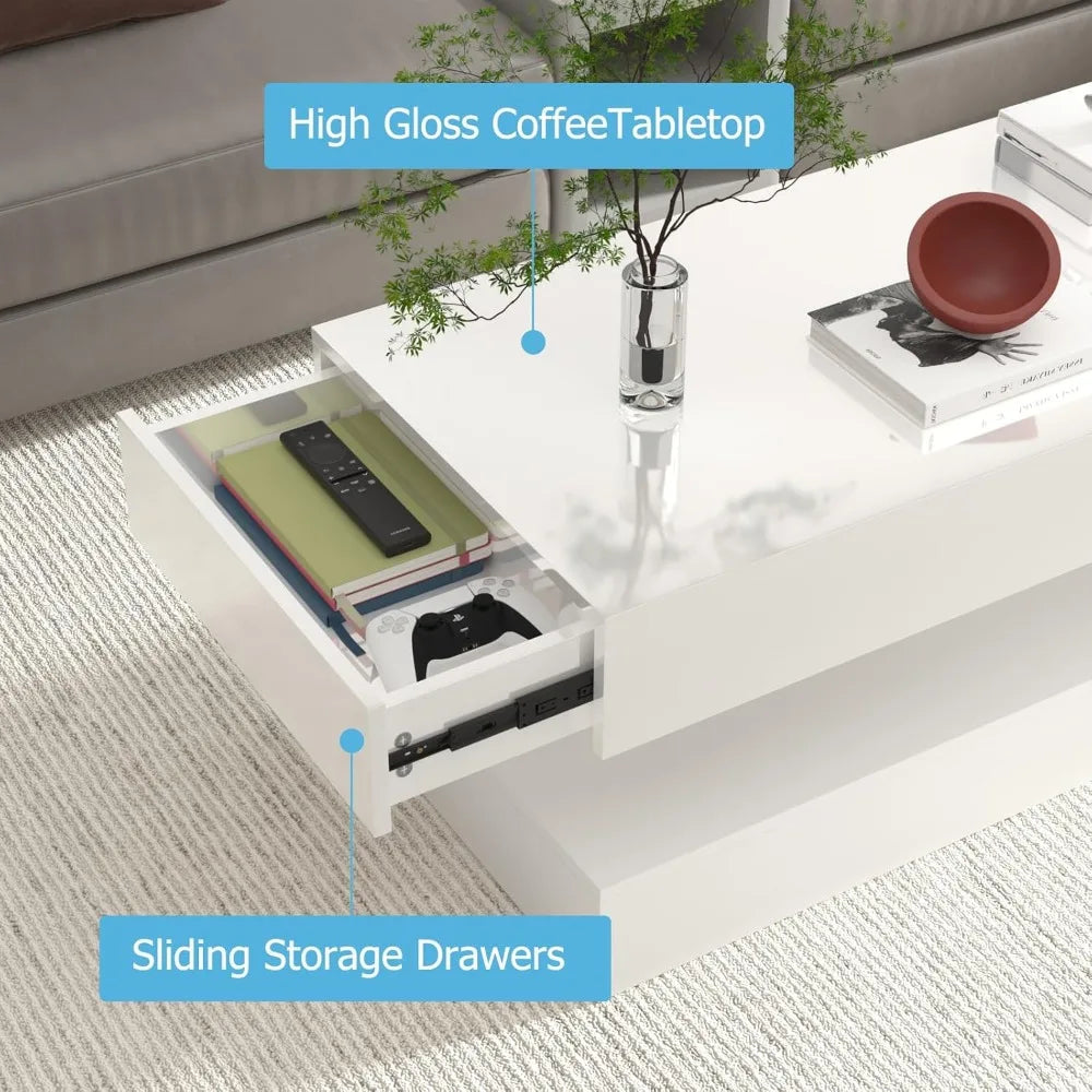Modern High Gloss LED Coffee Table with Storage for Living Room