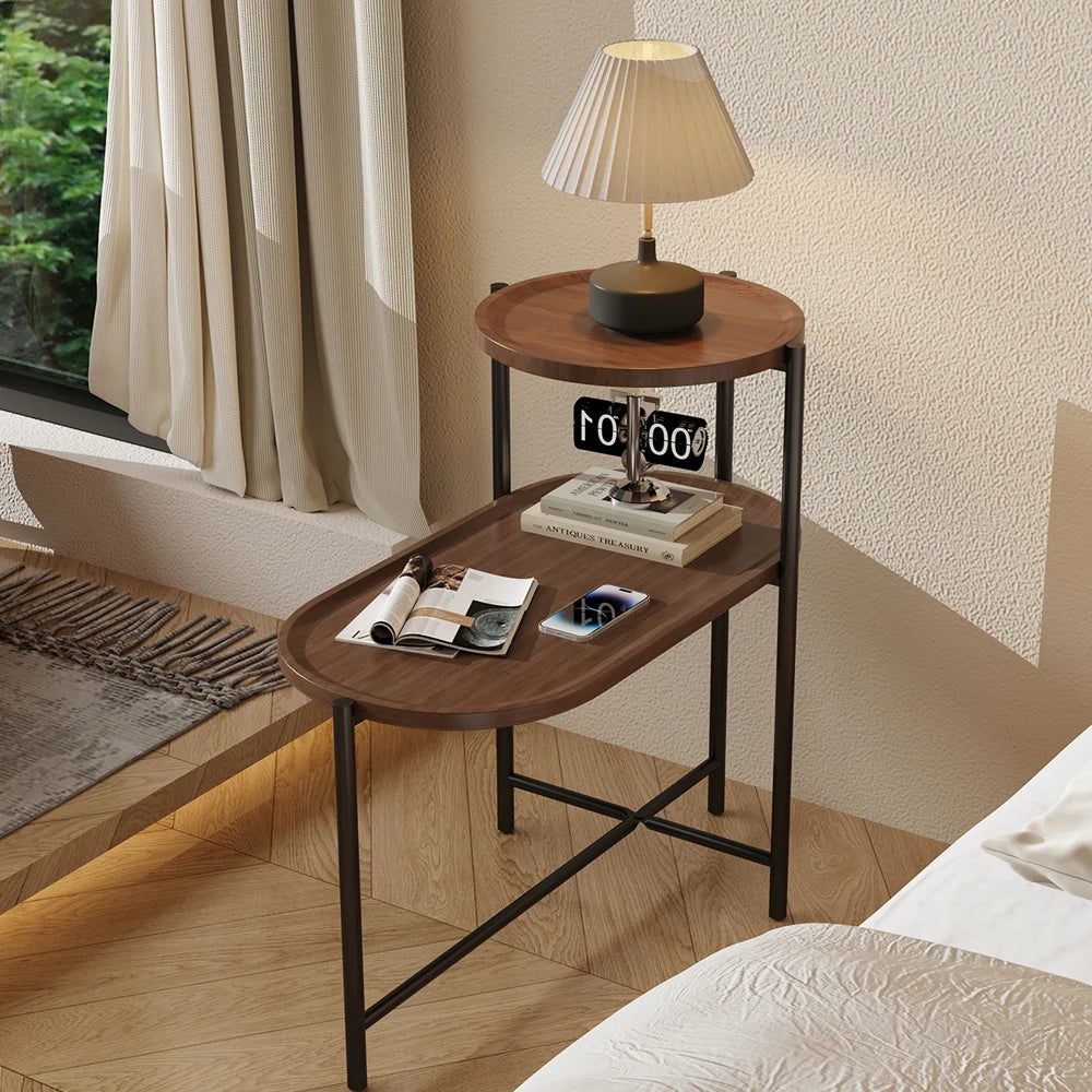 2-Tier End Table Round and Oval Sofa Side Table Overbed Bedside Table for Patio and Living Room Bedroom Medical Food Tray Table