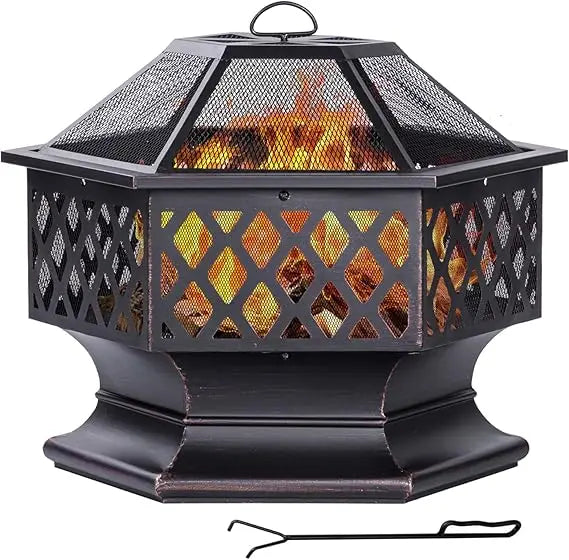 Outdoor Hexagon Fire Pit Wood Burning Patio Bonfire Camping 28 Inch