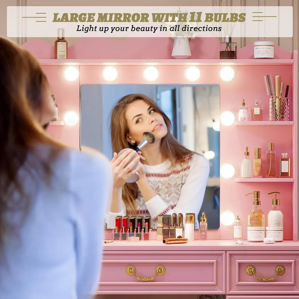 Large Makeup Vanity Desk with Mirror Lights Charging Station and Drawers