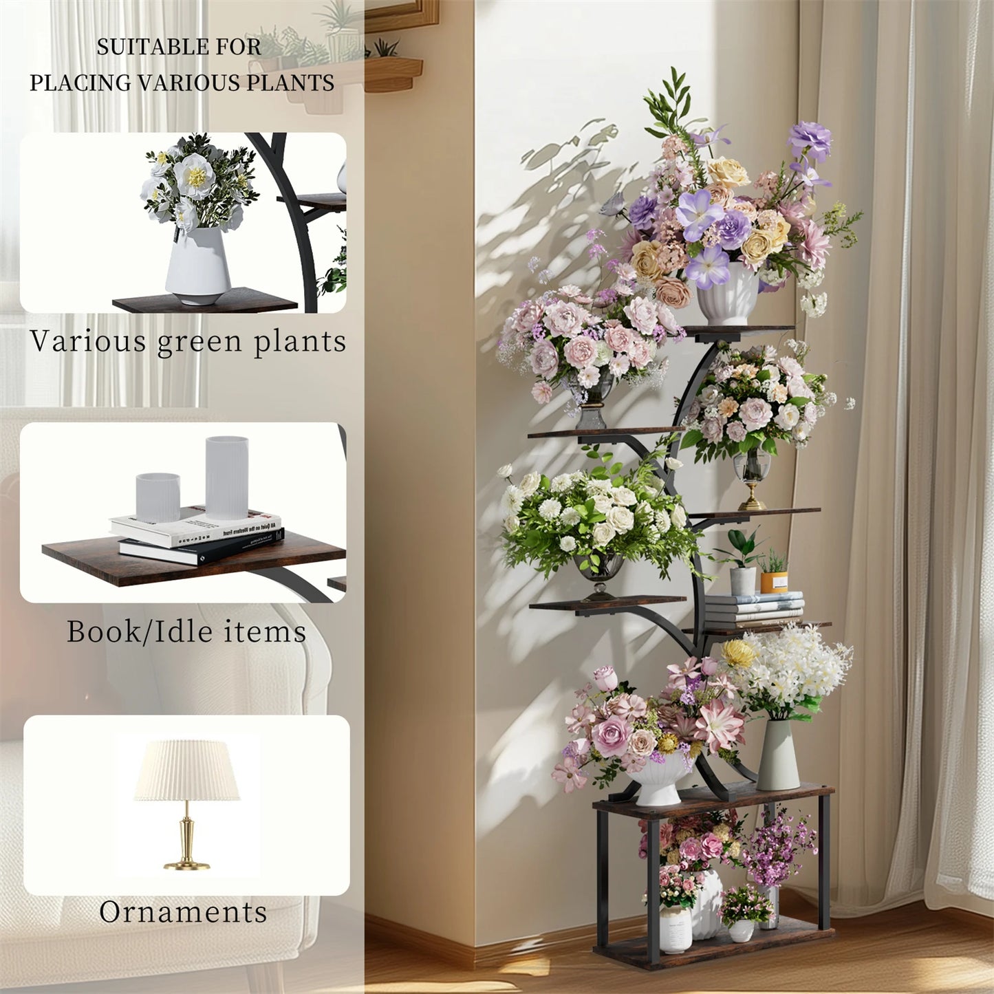 7 Tier Tree Shaped Plant Stand Metal Flower Pot Display Holder Lights