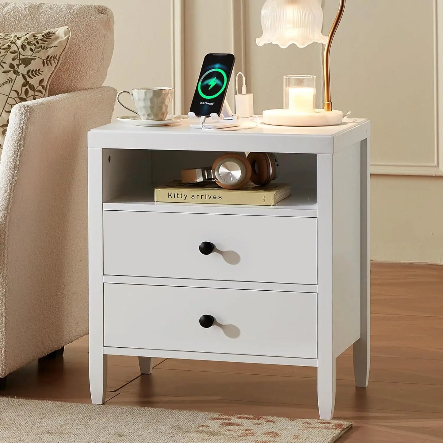 Nightstand with Charging Station 2 Drawers Modern Bedside Table Storage
