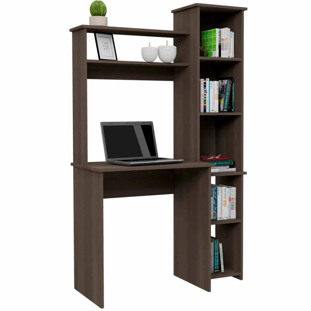 Smokey Oak Writing Desk with Built-in Bookcase and 6 Shelves
