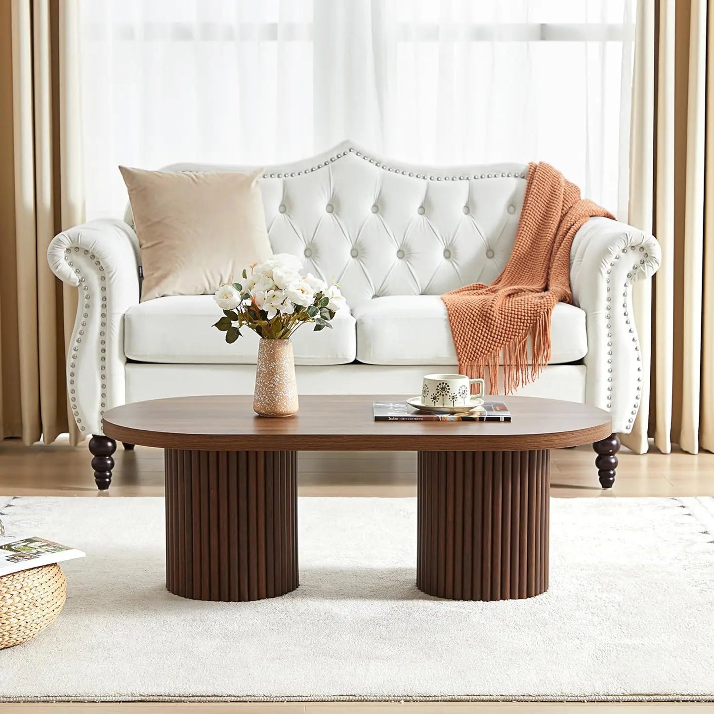Oval Fluted Coffee Table Mid Century Modern Wooden Center Table Living Room