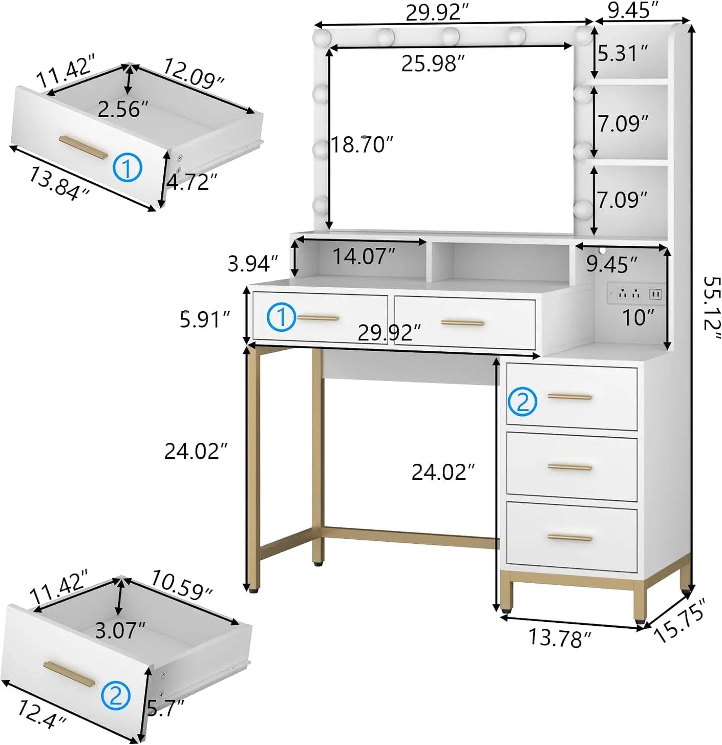 Vanity Desk with Lighted Mirror and Power Outlet Makeup Table 6 Drawers