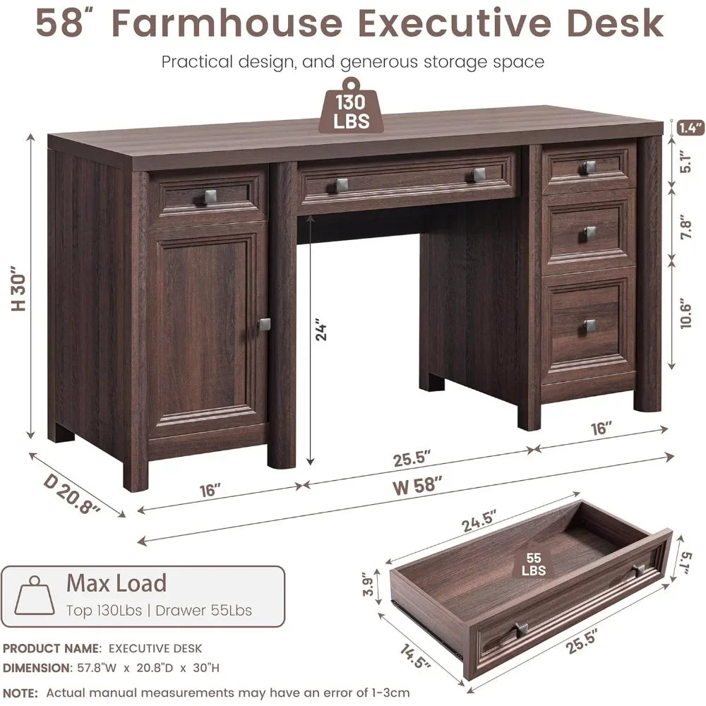 Farmhouse Computer Desk with 5 Drawers and Adjustable Shelf 58 Inch