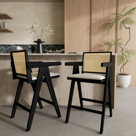 Ljustra 27 Inch Woven Cane Backrest Bar Stool Foam Padded Seat Set of 2