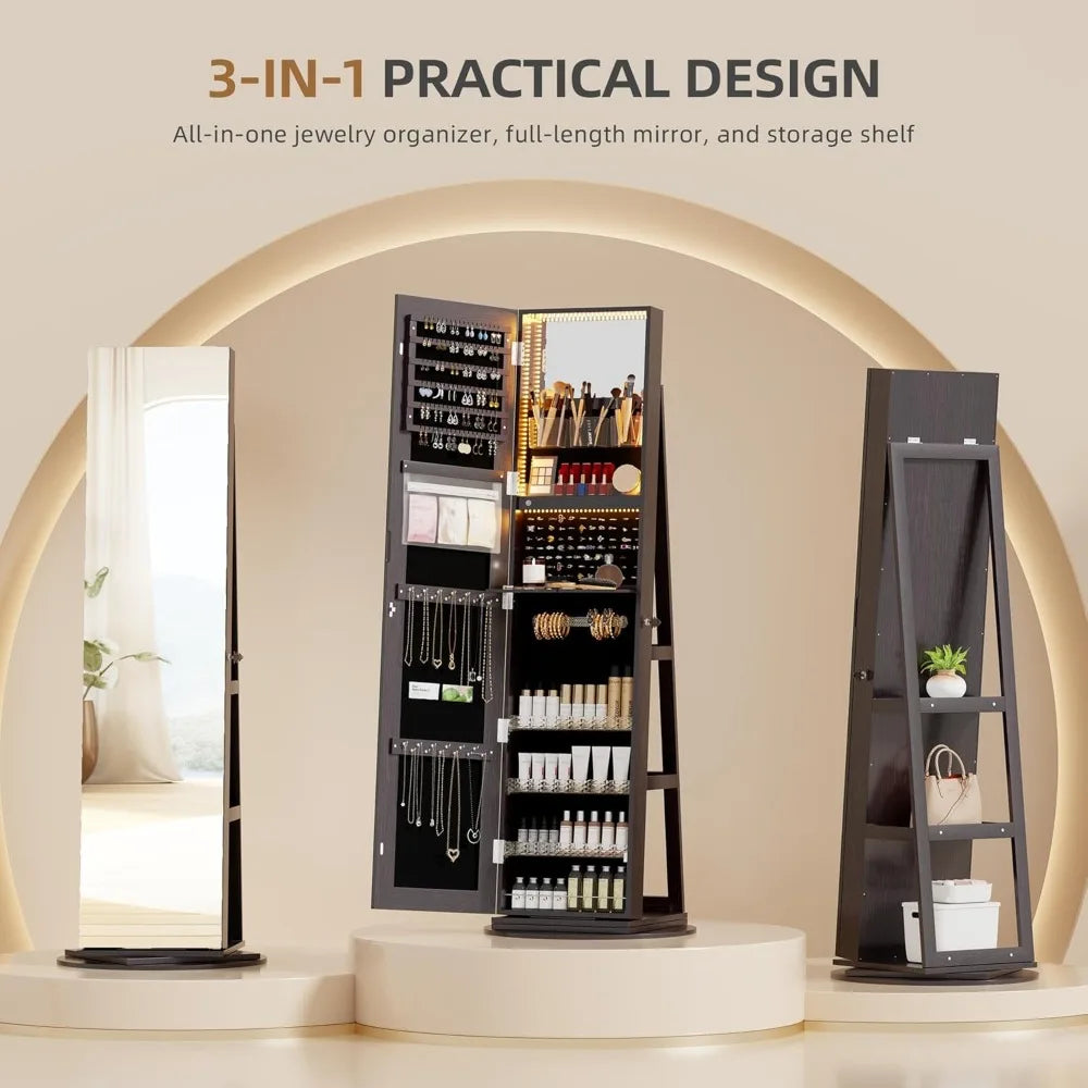 360 Degree Swivel Jewelry Cabinet Full Length Mirror Storage Organizer