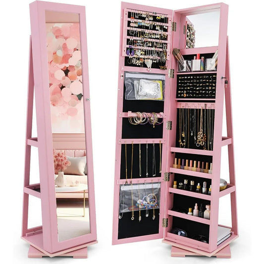 360° Swivel Jewelry Armoire Full Length Mirror Lockable Cabinet Organizer