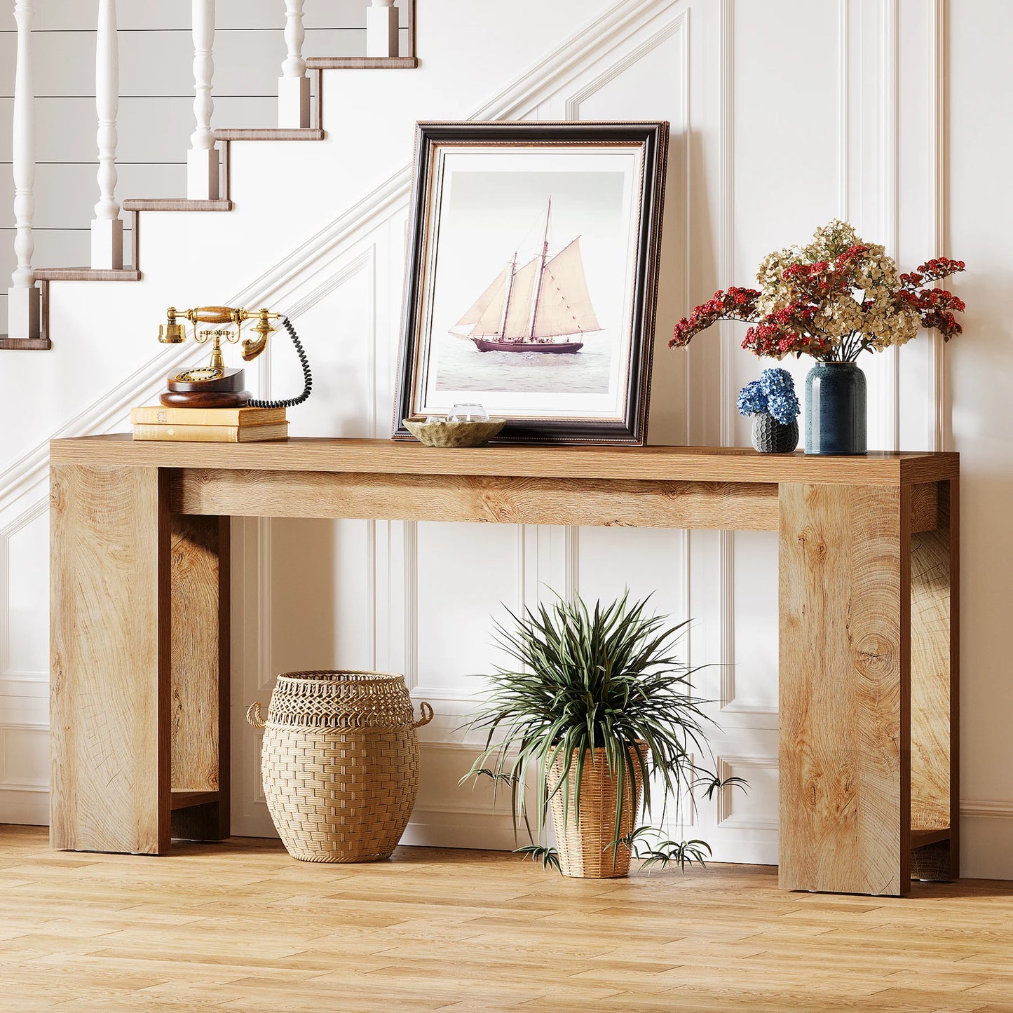 Ljustra 63 Inch Farmhouse Console Table Wooden Sofa Table Entryway Hallway