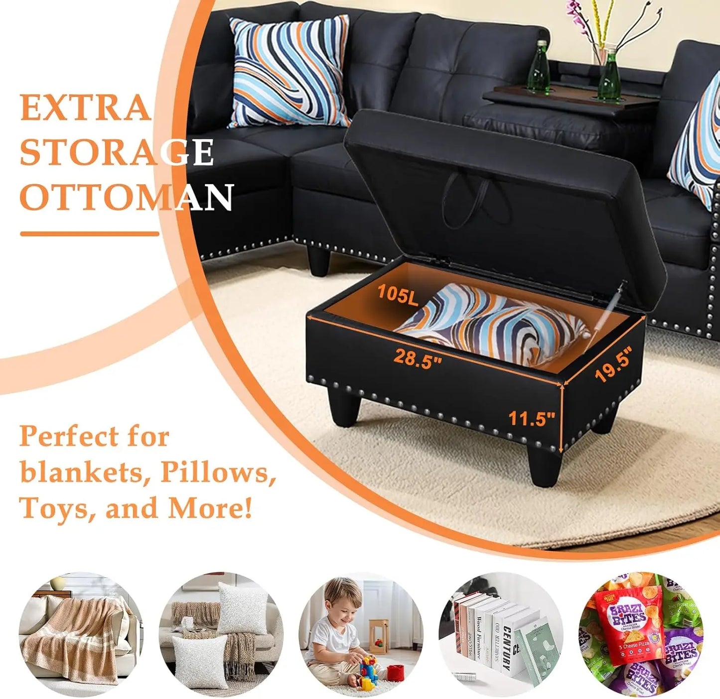 Black Faux Leather Sectional Sofa with Ottoman & Chaise | Ljustra Nordkveld