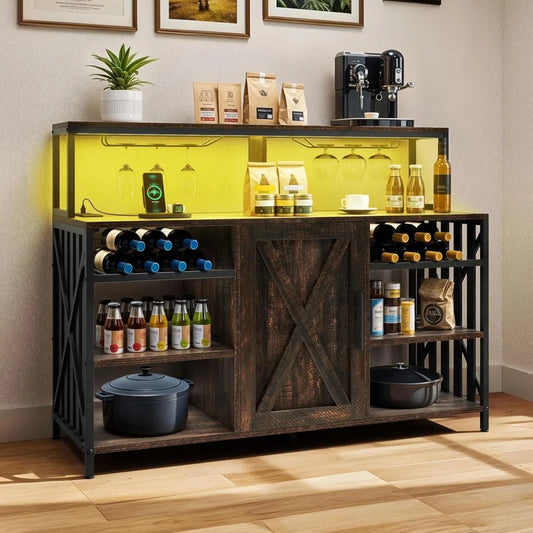47 Inch Bar Table Cabinet with LED Lights Power Outlet Wine Rack