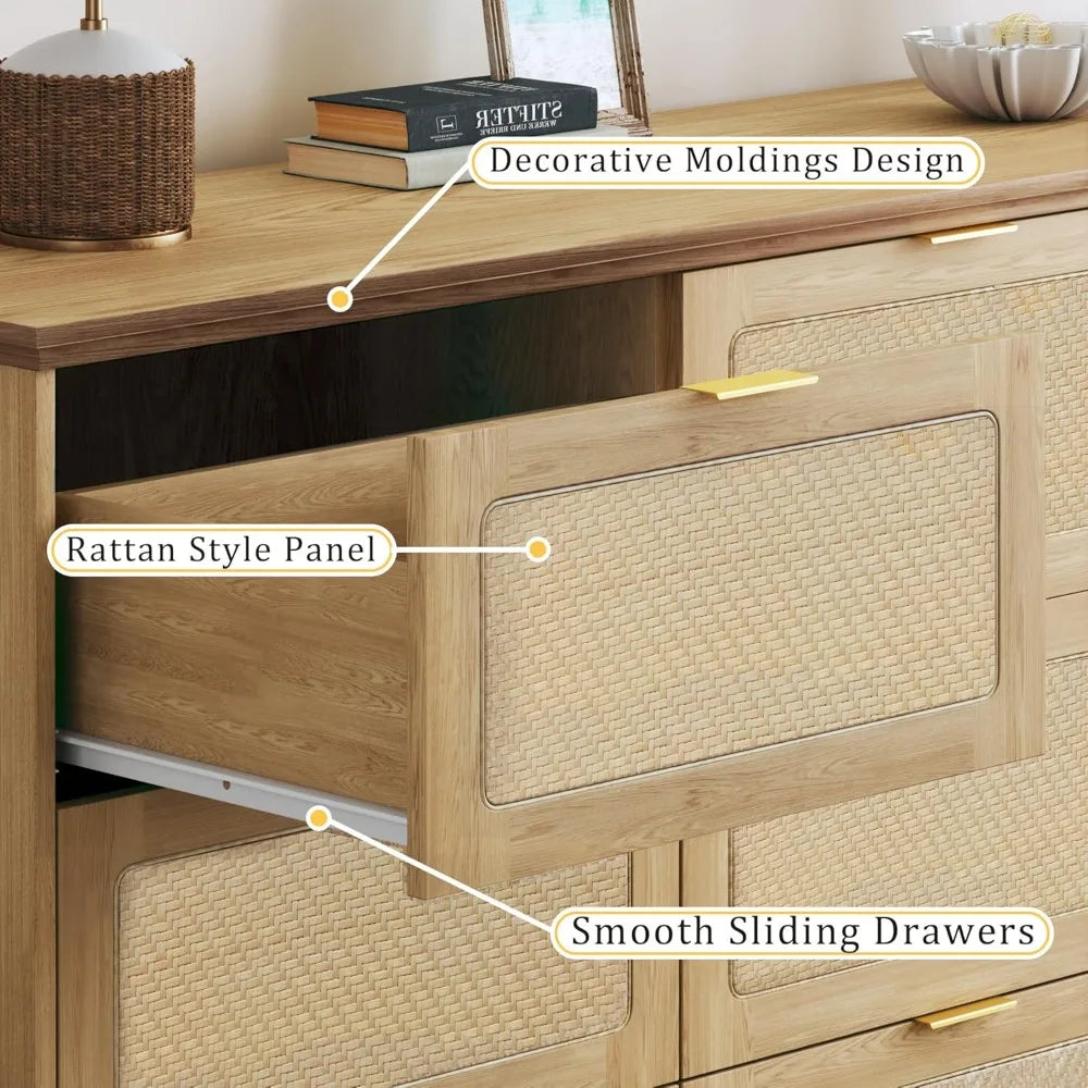 9 Drawer Dresser Rattan Chest of Drawers Large TV Stand Boho Style