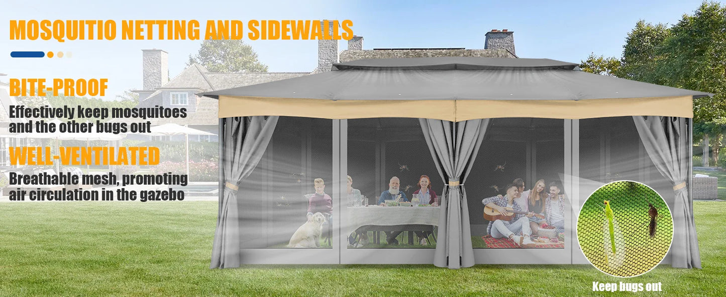12x20 Outdoor Gazebo with Privacy Curtains Mosquito Netting Metal Frame