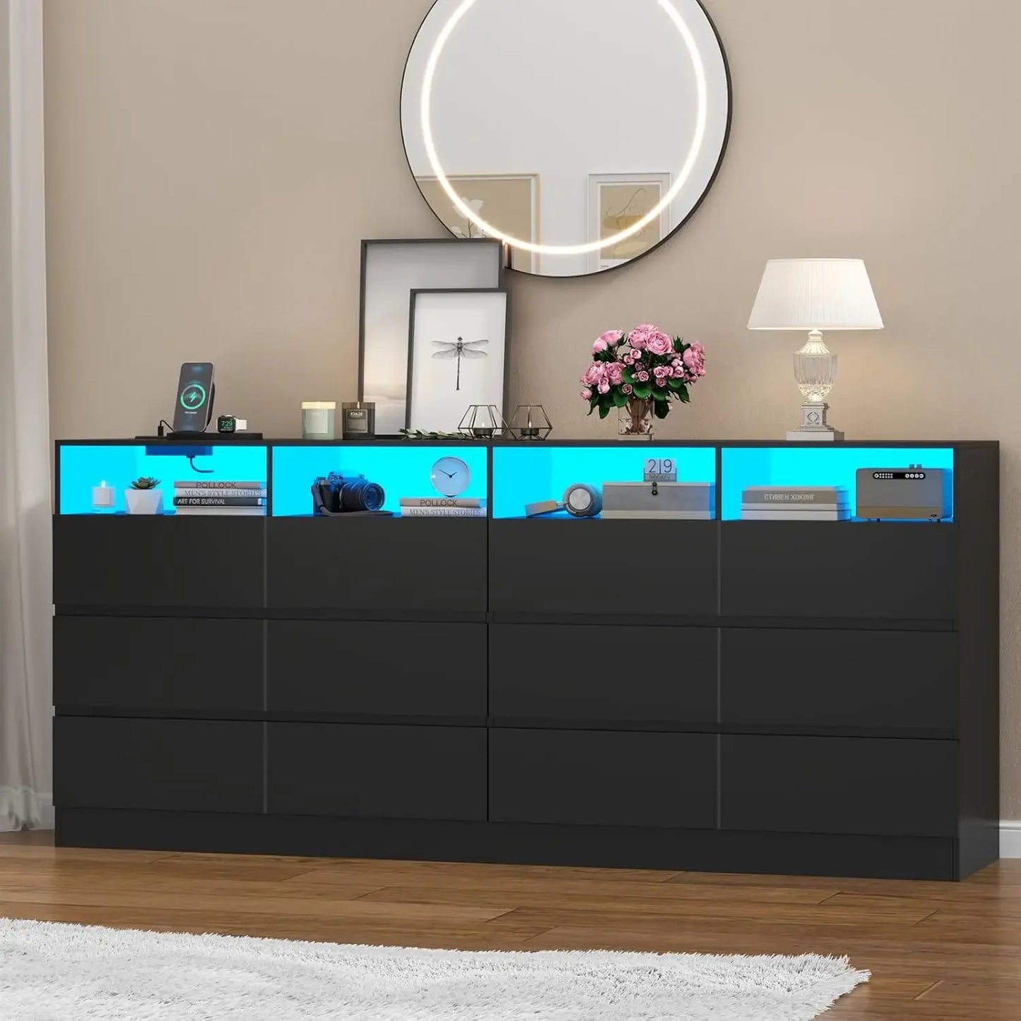 12 Drawer Wide Dresser with Charging Station and LED Lights for Bedroom