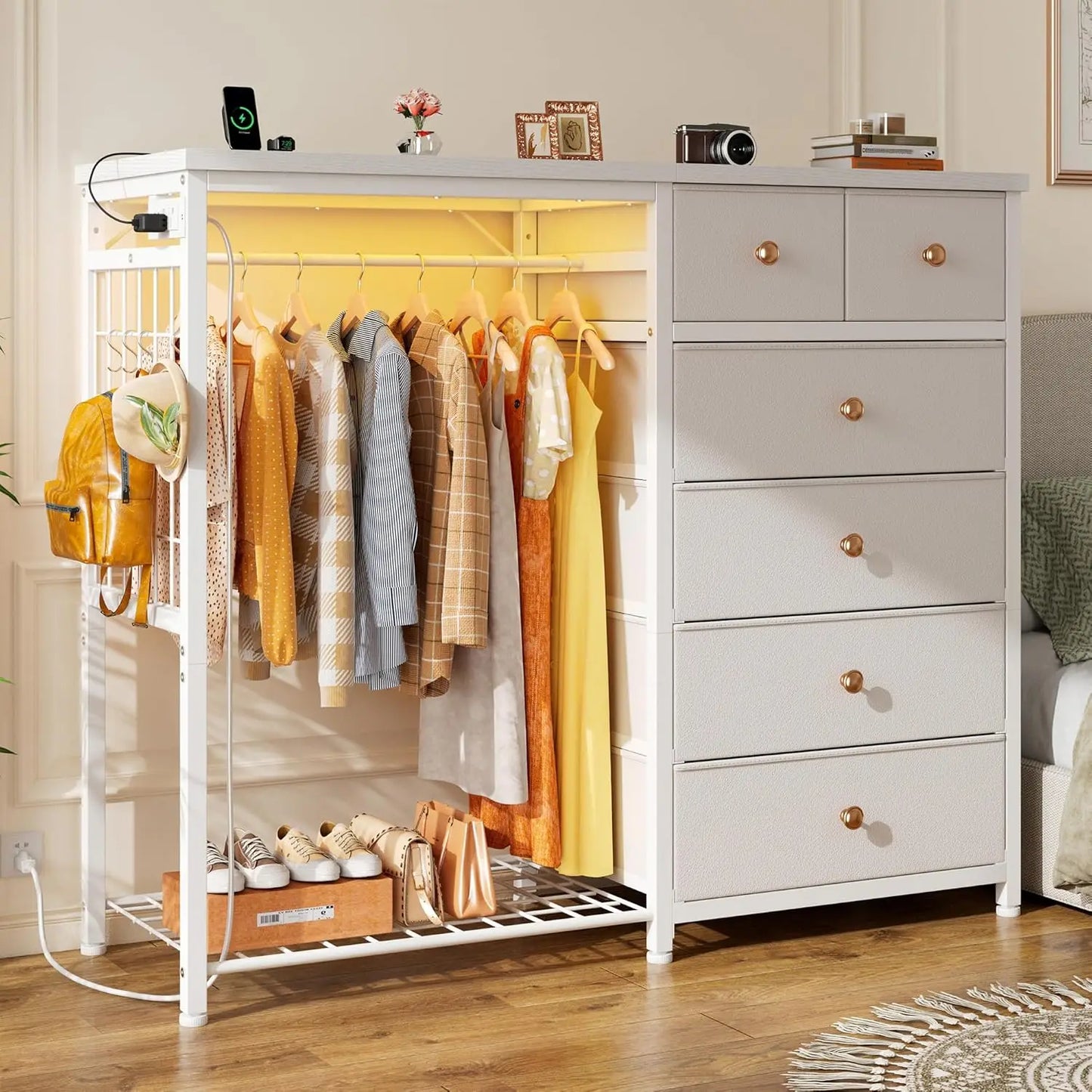 49.2" White Dresser with Hanging Rack 6 Drawers LED Lights Charging Station