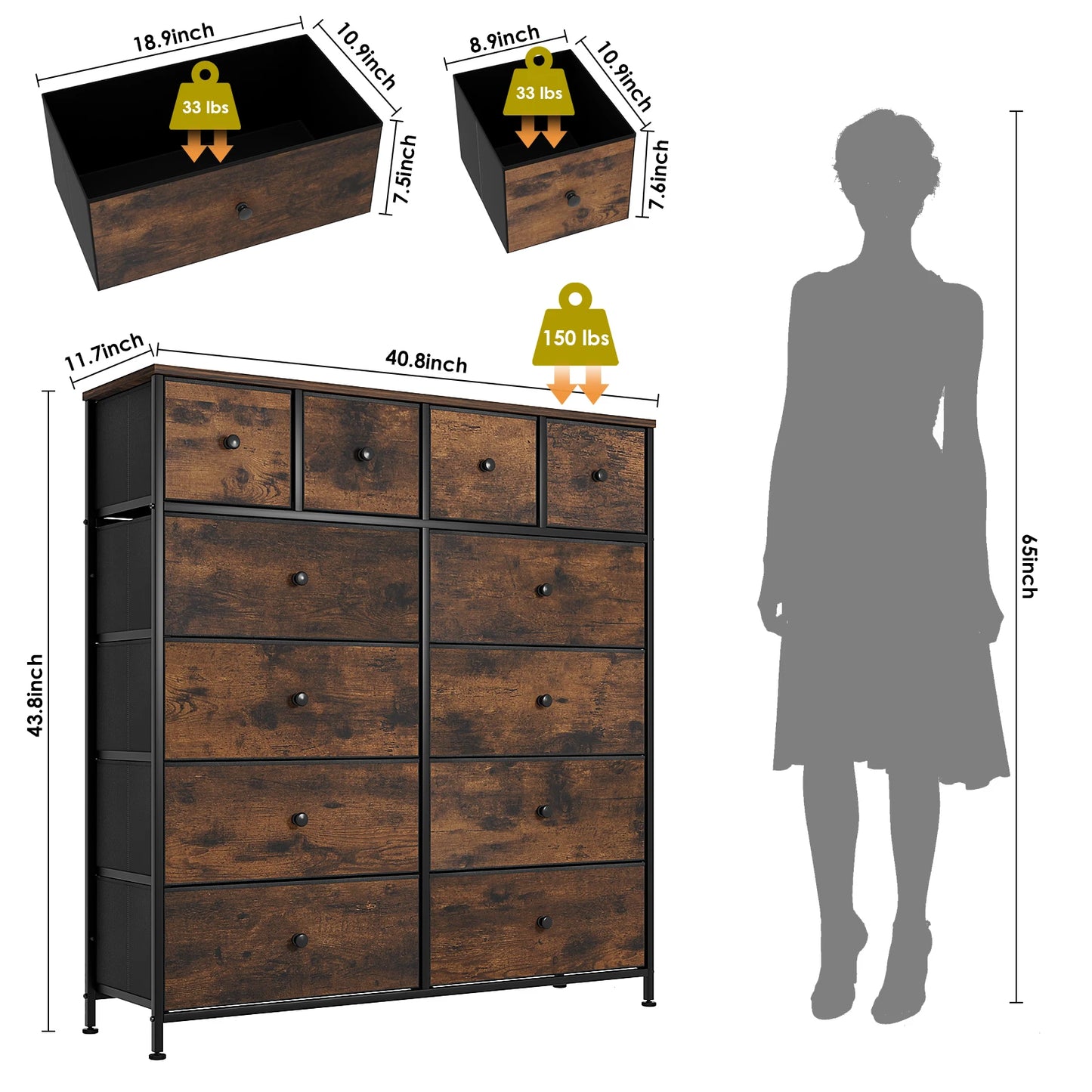 **** Chest of Drawers Fabric Storage 8/12 Drawers Wooden Top Metal Frame