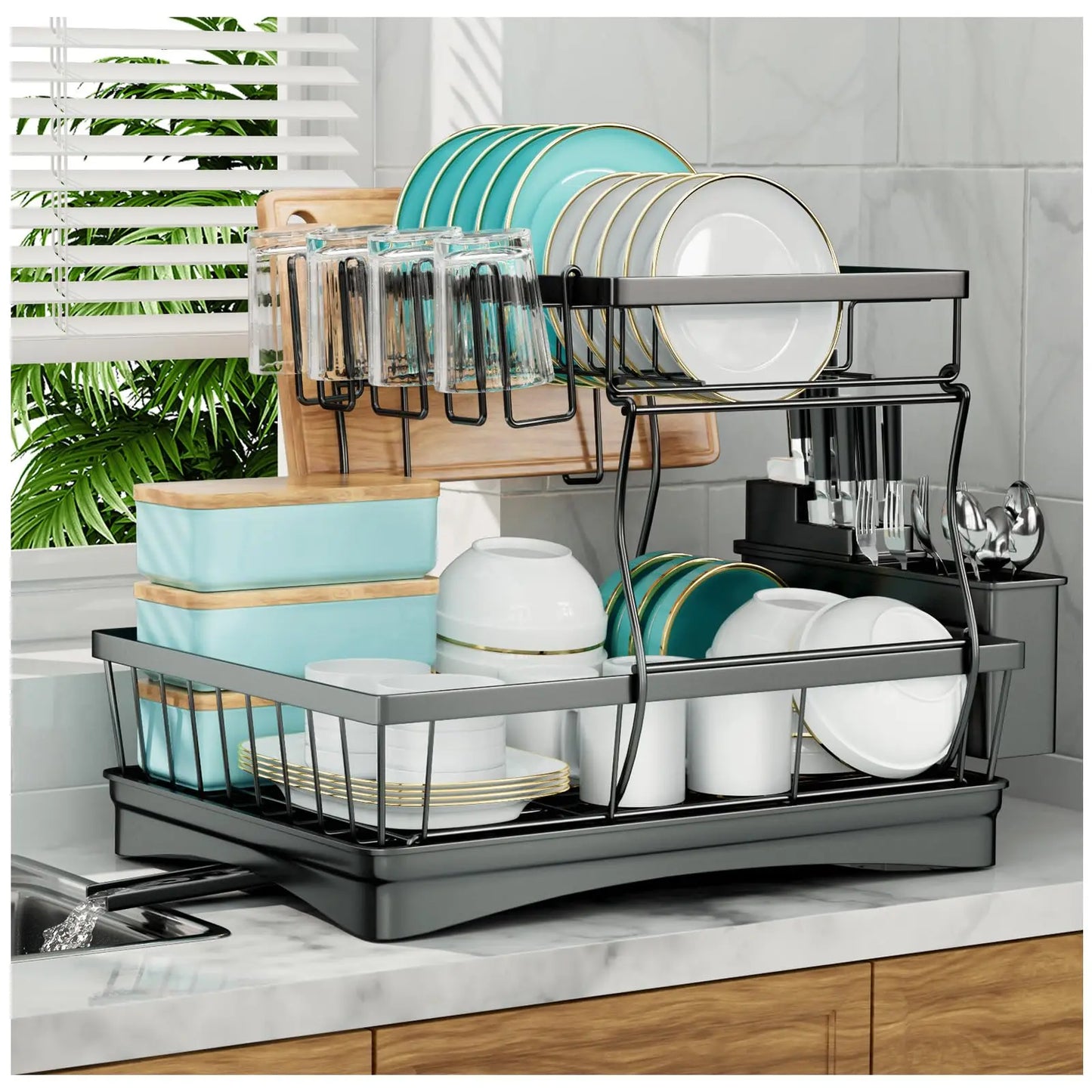 Large 2-Tier Dish Drying Rack Removable Kitchen Countertop Organizer