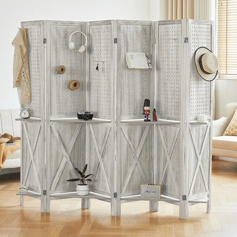 6 Panel Room Divider Wood Folding Privacy Screen with Shelves