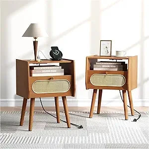 Rattan Night Stand Set 2 with Charging Station Mid Century Modern Table