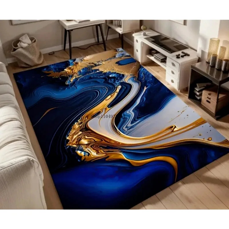 Blue Marble Pattern Non-Slip Area Rug for Living Room Bedroom Patio