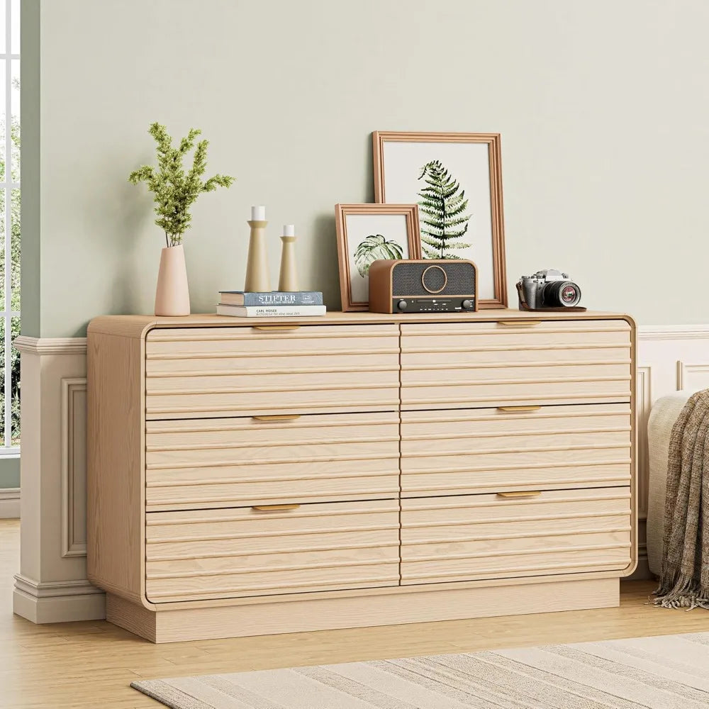 Fluted 6 Drawer Dresser Modern Bedroom Storage 54 Inch Wide Furniture