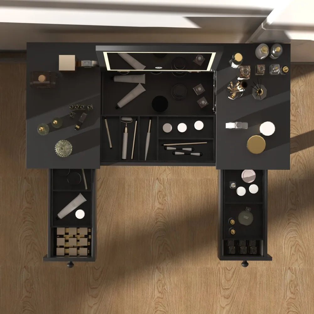 Elegant Black Vanity Table with LED Mirror and Jewelry Storage