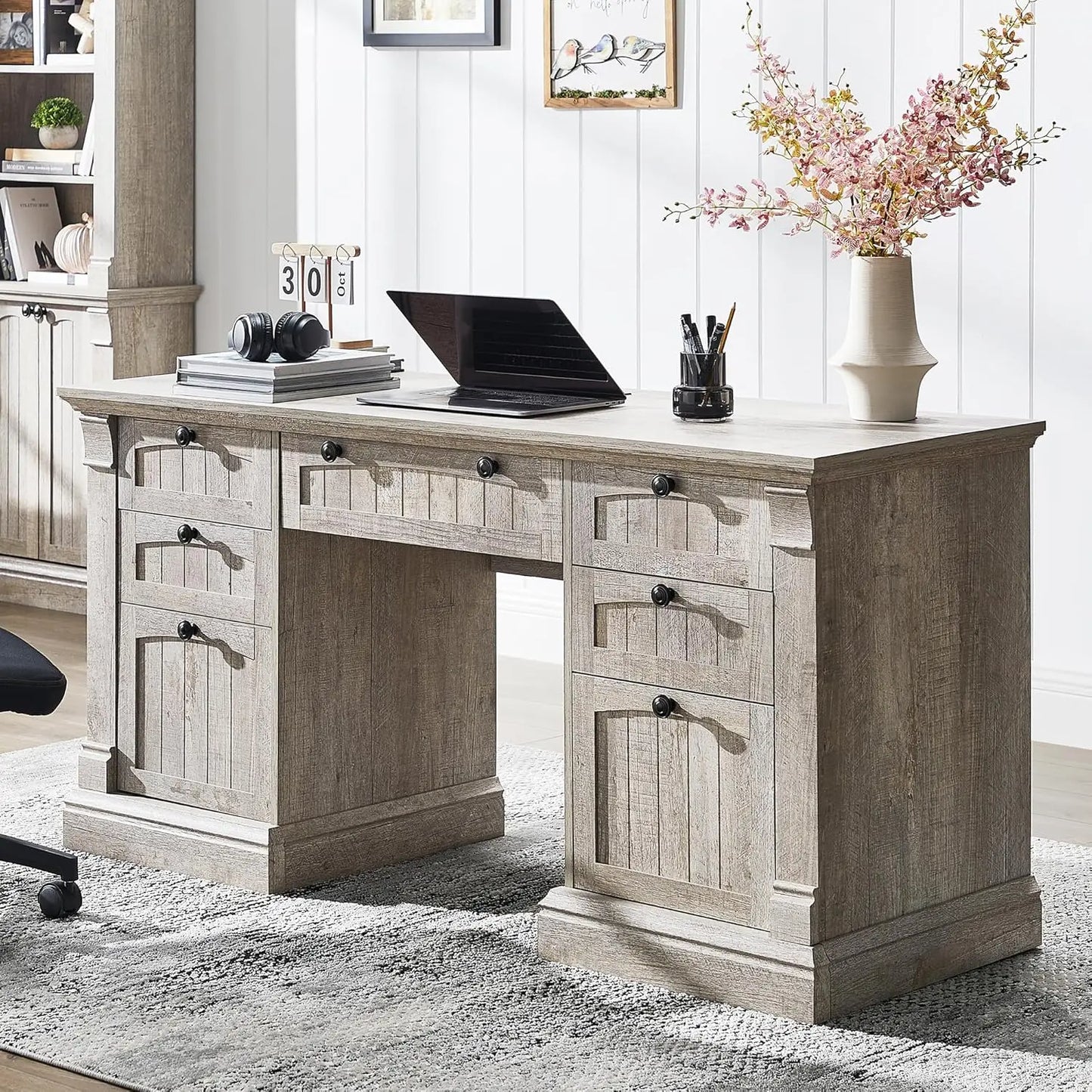 Ljustra Farmhouse L-Shaped Desk with Drawers and Charging Station