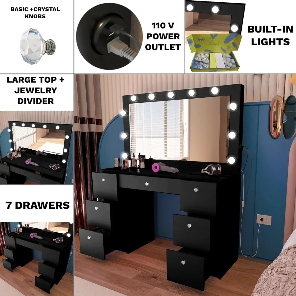 Yara Large Vanity Makeup Desk with Hollywood Mirror and Built-in Lights