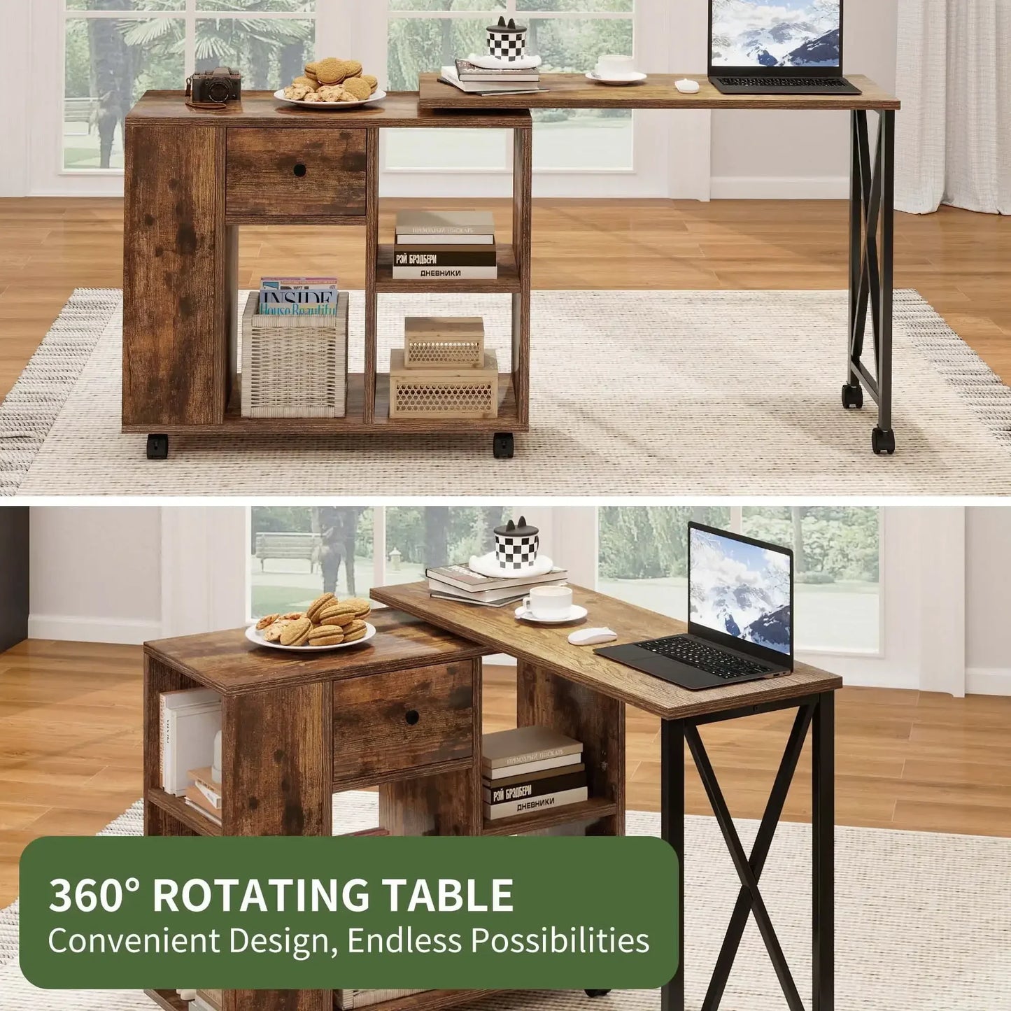 Rotating Writing Office Desk with Storage and Wheels for Home Office