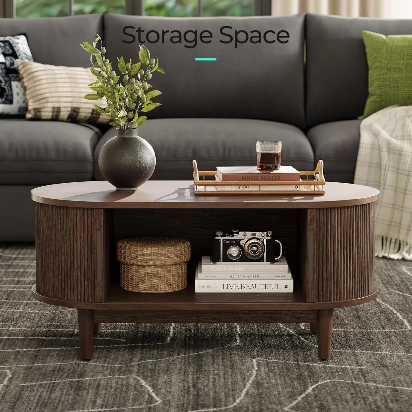 Mid Century Modern Coffee Table with Sliding Tambour Door Storage