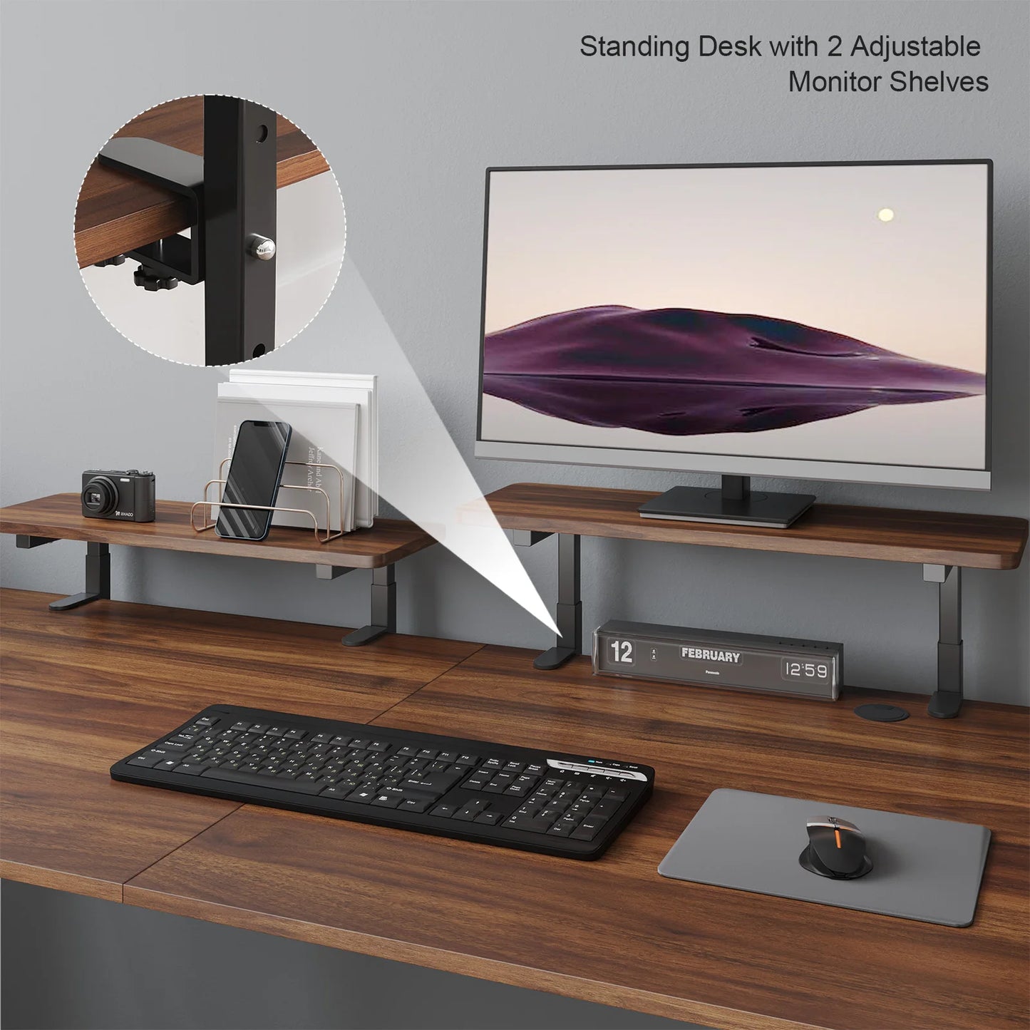 Electric Standing Desk with Adjustable Monitor Shelves and Memory Controller