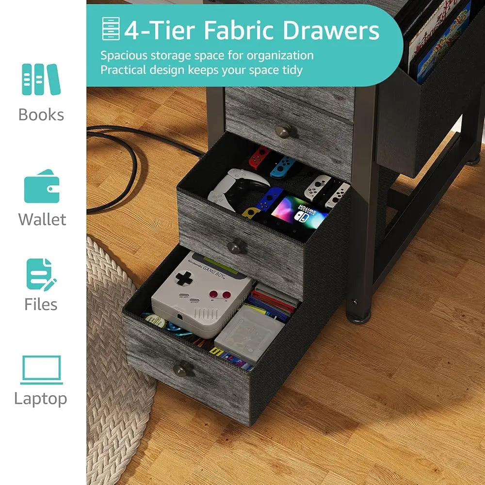 L Shaped Computer Desk with Drawers and Power Outlet for Home Office