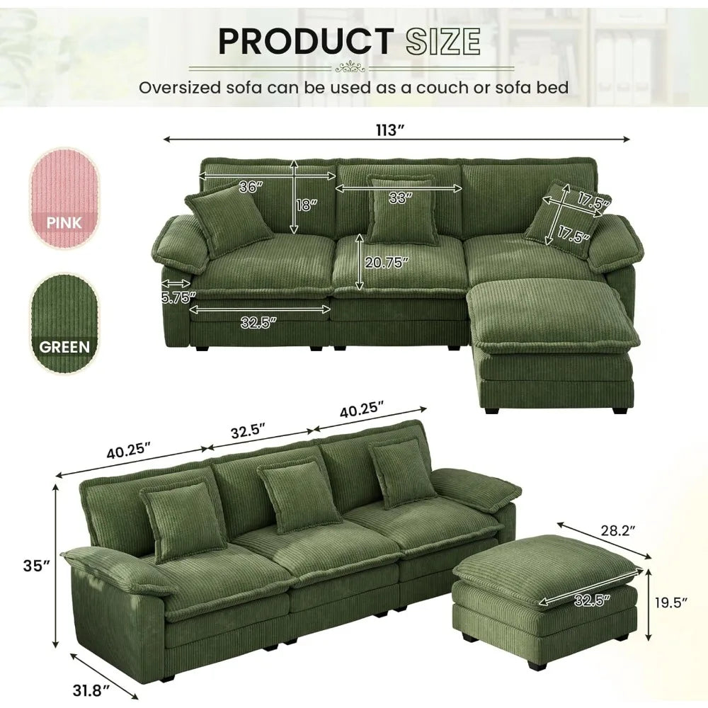 Comfy Corduroy Modular Sectional Couch with Ottoman 113" Cloud Cushion