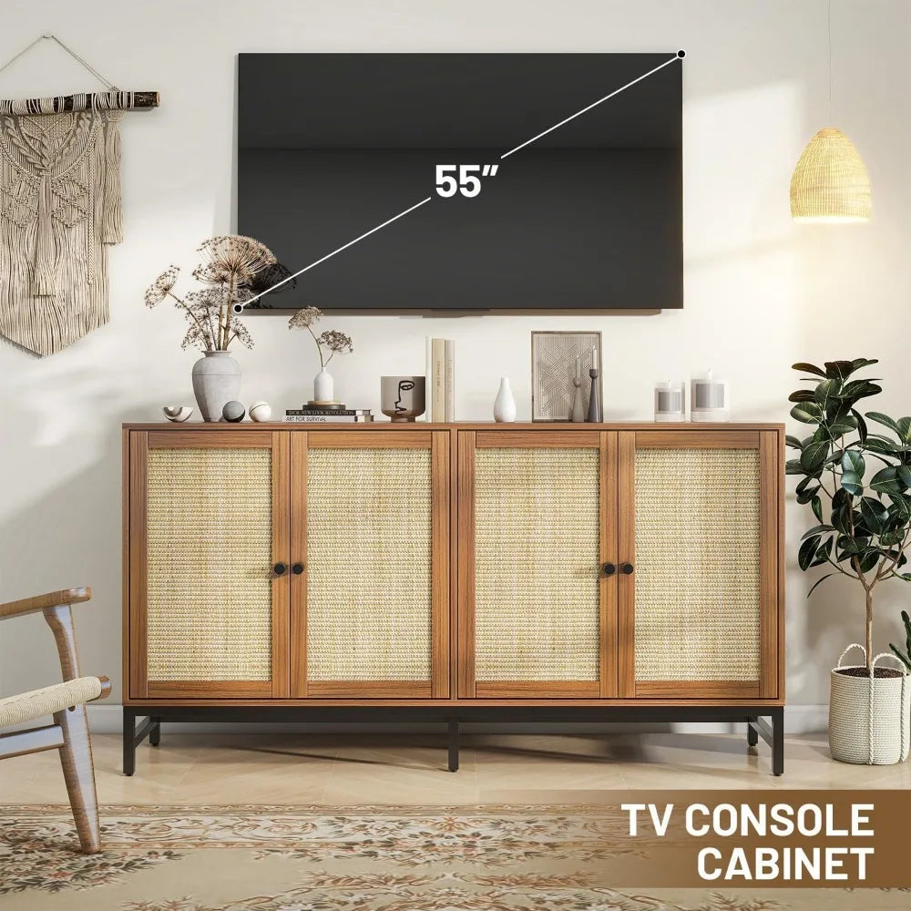 Rattan Sideboard Buffet Cabinet 59" Mid Century Modern Storage Console