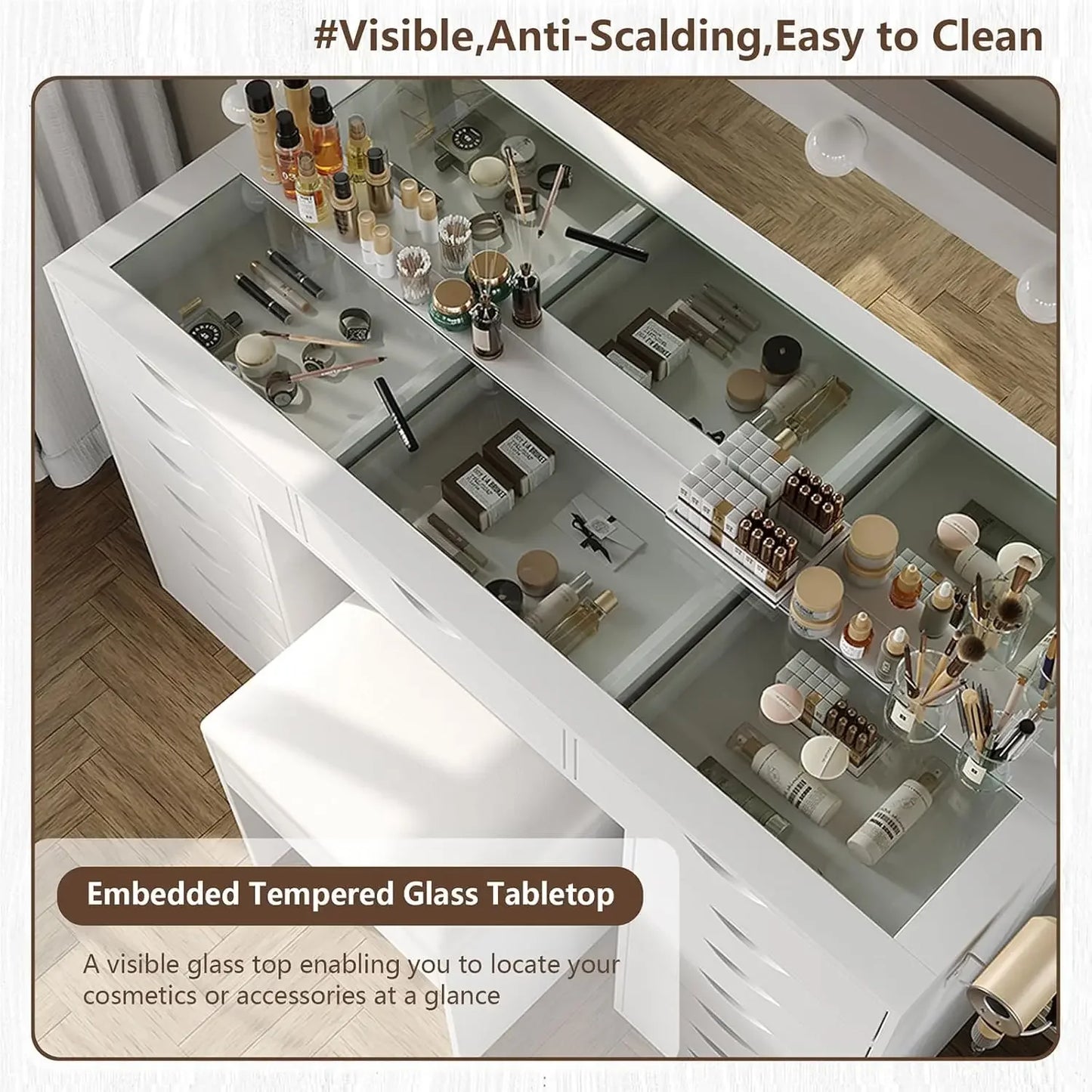 Vanity Desk with Mirror Lights Makeup Table Charging Station 15 Drawers