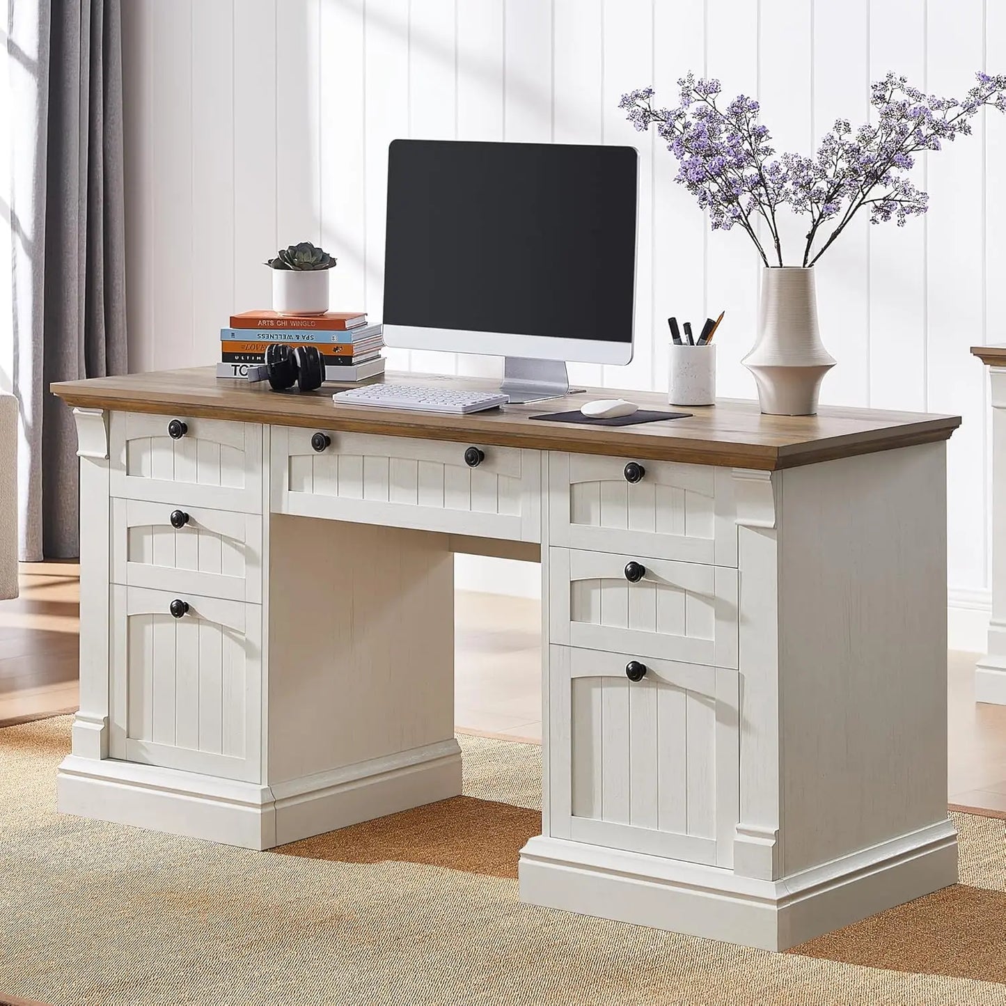 Ljustra Farmhouse L-Shaped Desk with Drawers and Charging Station