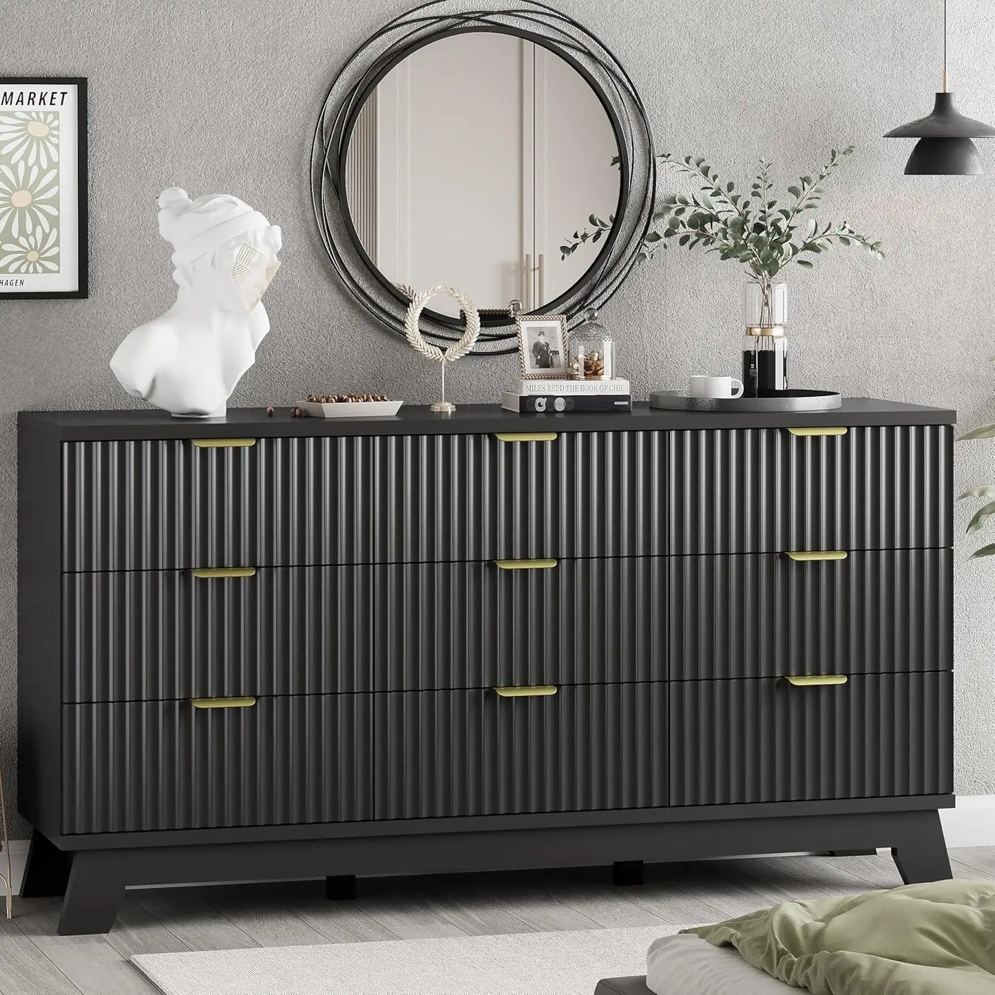 57 Inch Wide Fluted Dresser 9 Drawer Modern Chest of Drawers