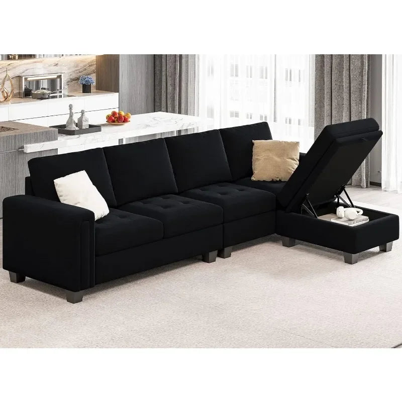 Ljustra Black Velvet Reversible Sectional Sofa Storage Ottoman 4-Seat L-Shaped Couch