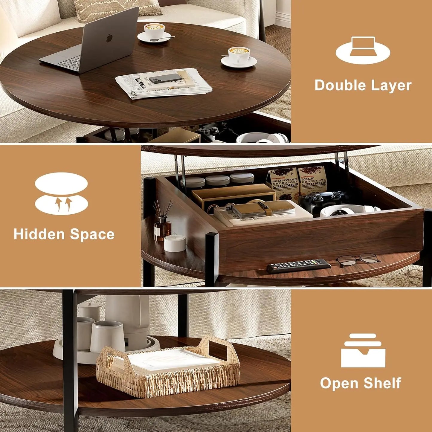 Round Lift Top Coffee Table with Wheels Storage Compartment Living Room