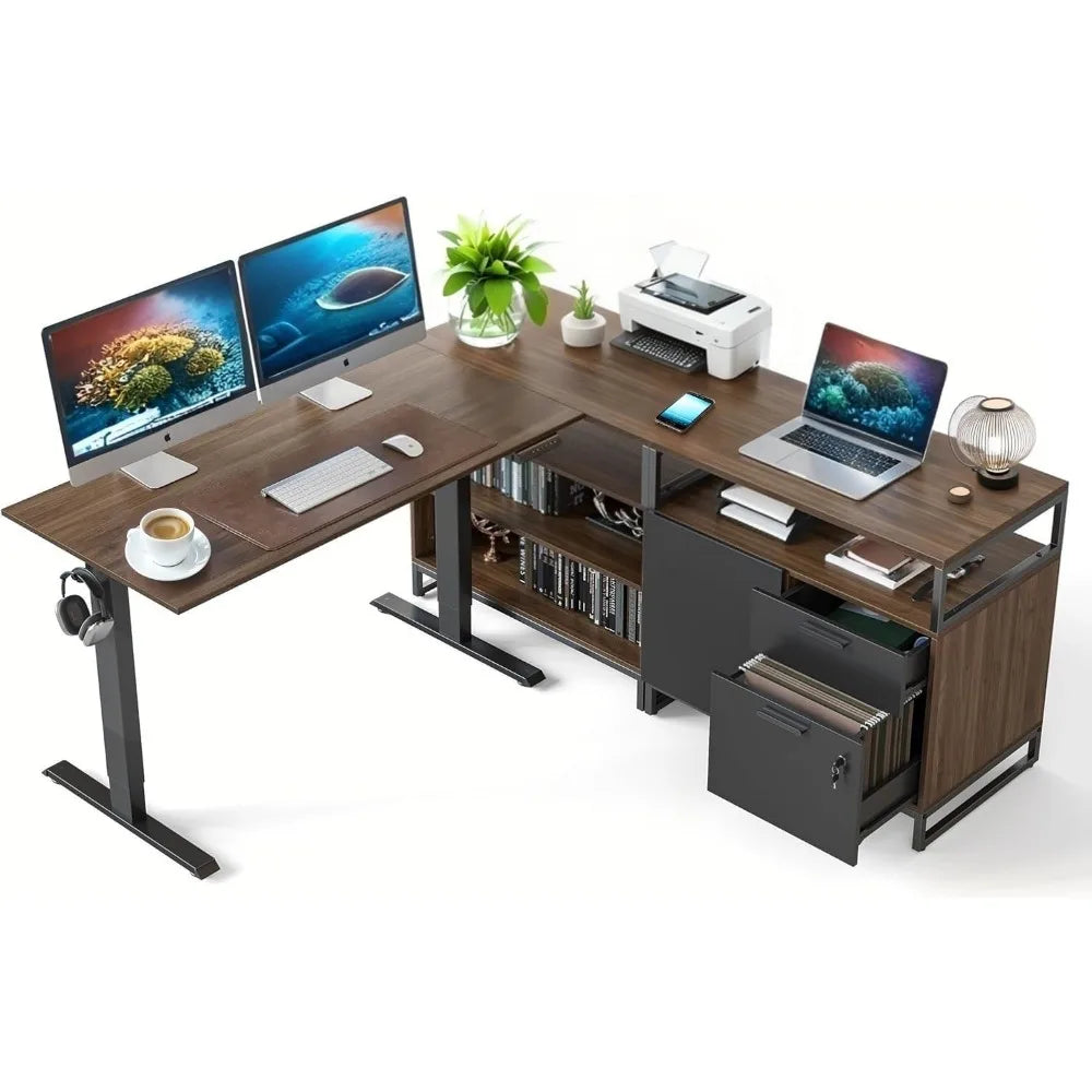 Electric Standing Desk Adjustable Height L-Shaped Executive Desk With Storage