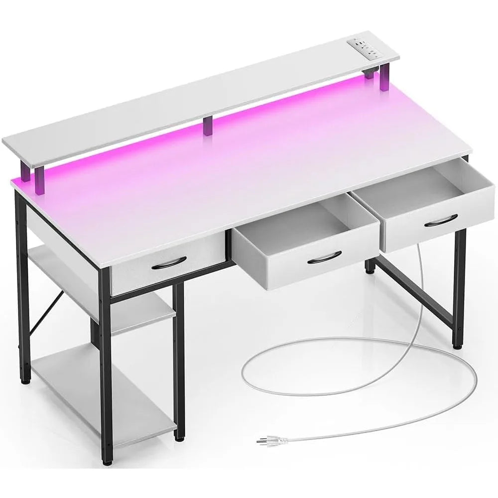Computer Desk with Power Outlets LED Light Storage Shelves 47 Inch