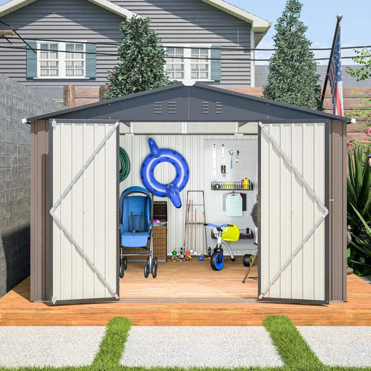 10x10 Metal Storage Shed Lockable Door Sliding Roof Utility Tool