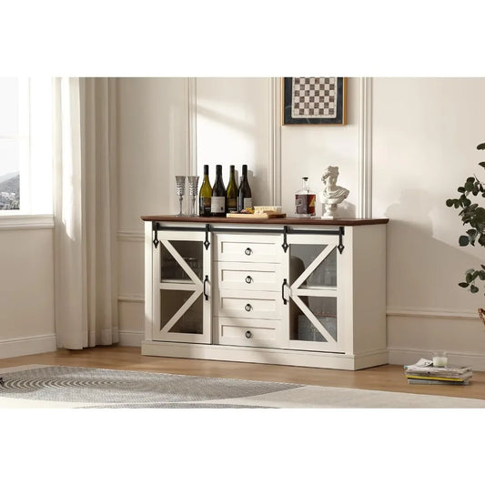 Modern Sideboard Cabinet Sliding Glass Doors Buffet Storage 56 Inch