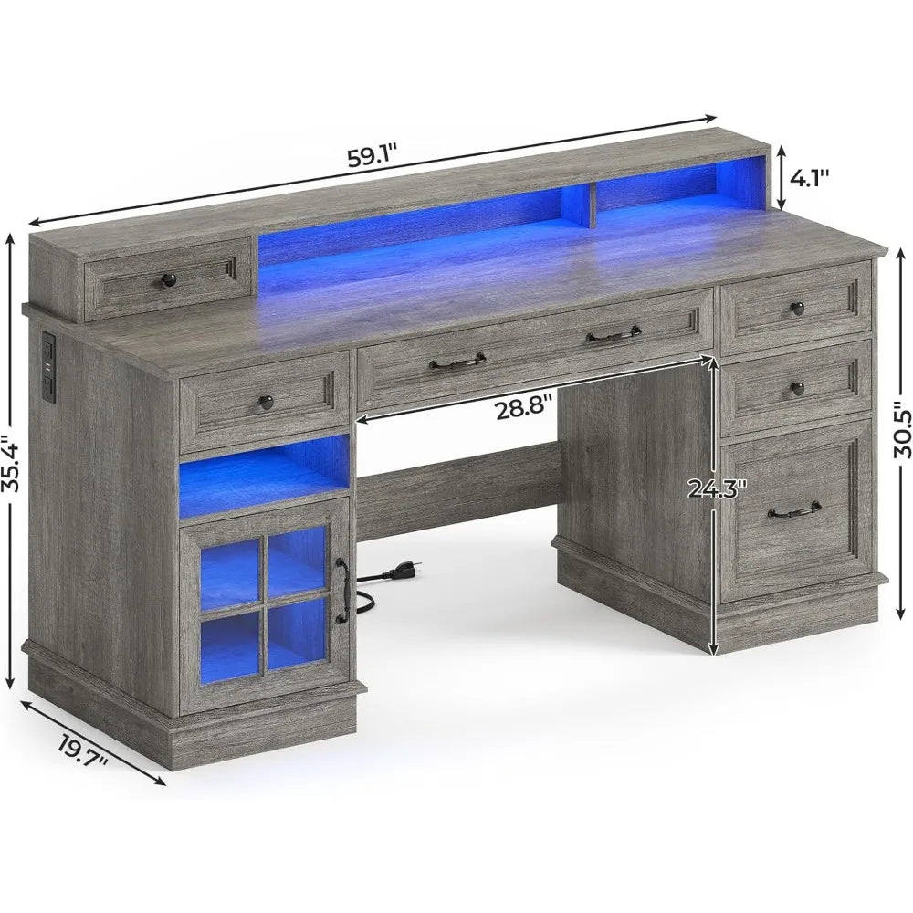 Farmhouse Executive Desk with Charging Station and LED Lights