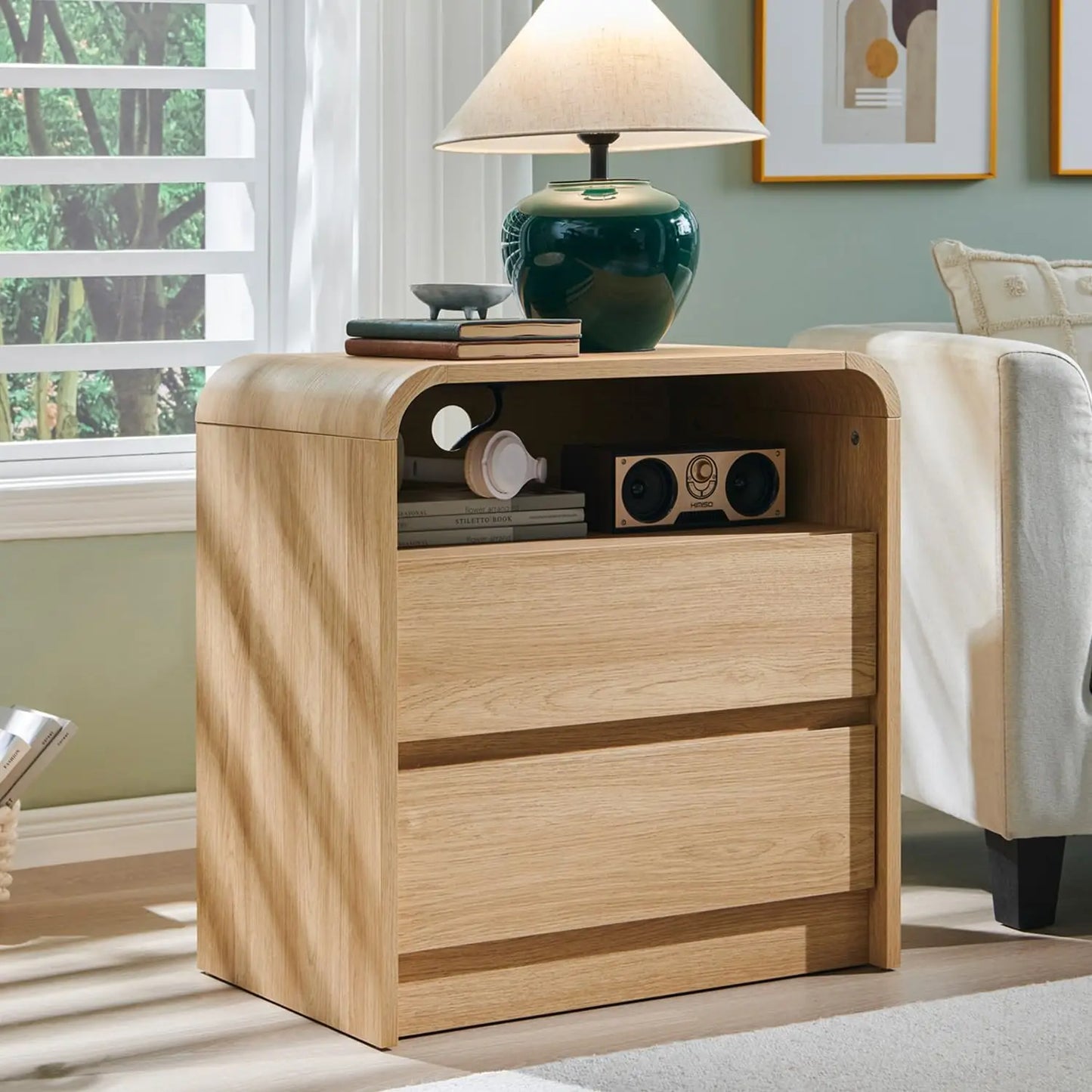25 Inch Tall Modern Nightstand with Charging Station and 2 Drawers